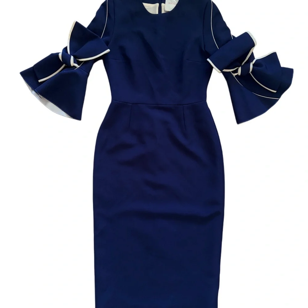 Roksansa Elegant Navy Blue Dress with Bow Sleeve Details - Picture 3 of 6